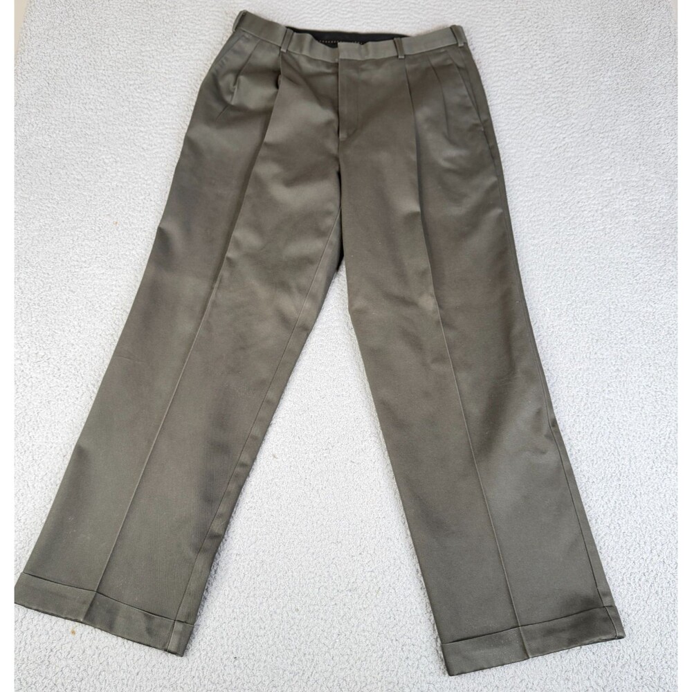 Dockers Pants 34x31 Chino Khaki Green Relaxed Fit Pleated Cuffs No Iron Golf VTG